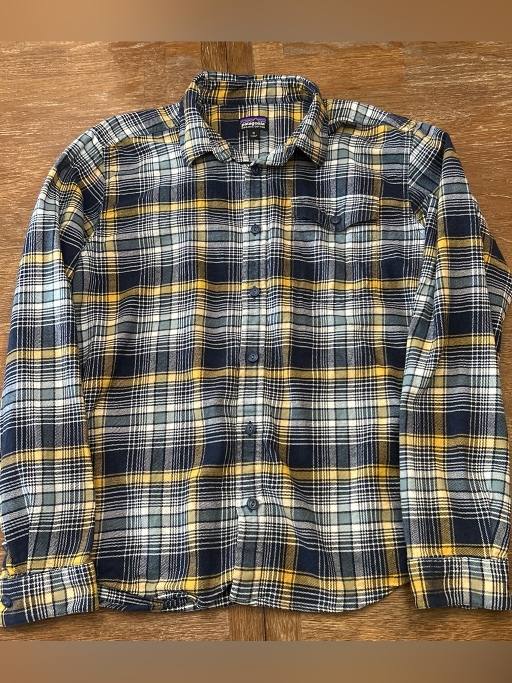 Patagonia Men’s M Blue/Yellow Plaid Organic Cotton Fjord Flannel Button Up LS
